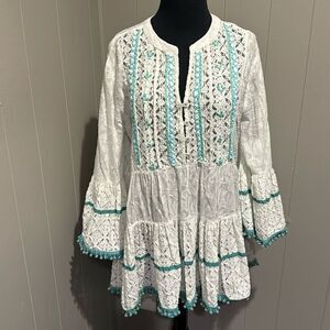 Peace + Love white lace floral burnout ruffle embroidered & pom pom accent top